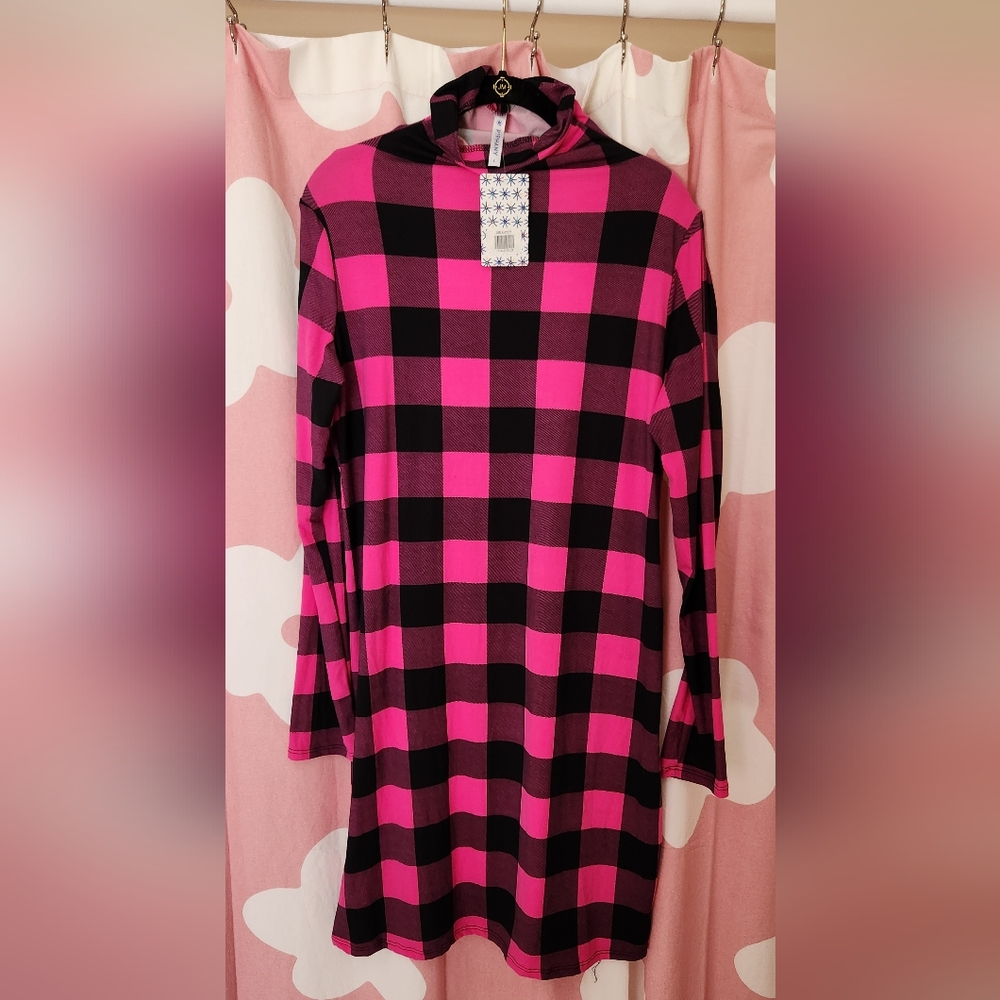 Piphany Delancy Pink & Black Checkered Mock Turtleneck Dress, NWT, Large